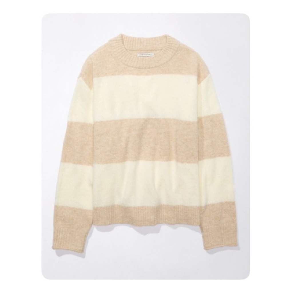 American Eagle Women’s Whoa So Soft Crewneck Sweater with Cream and Tan Stripes